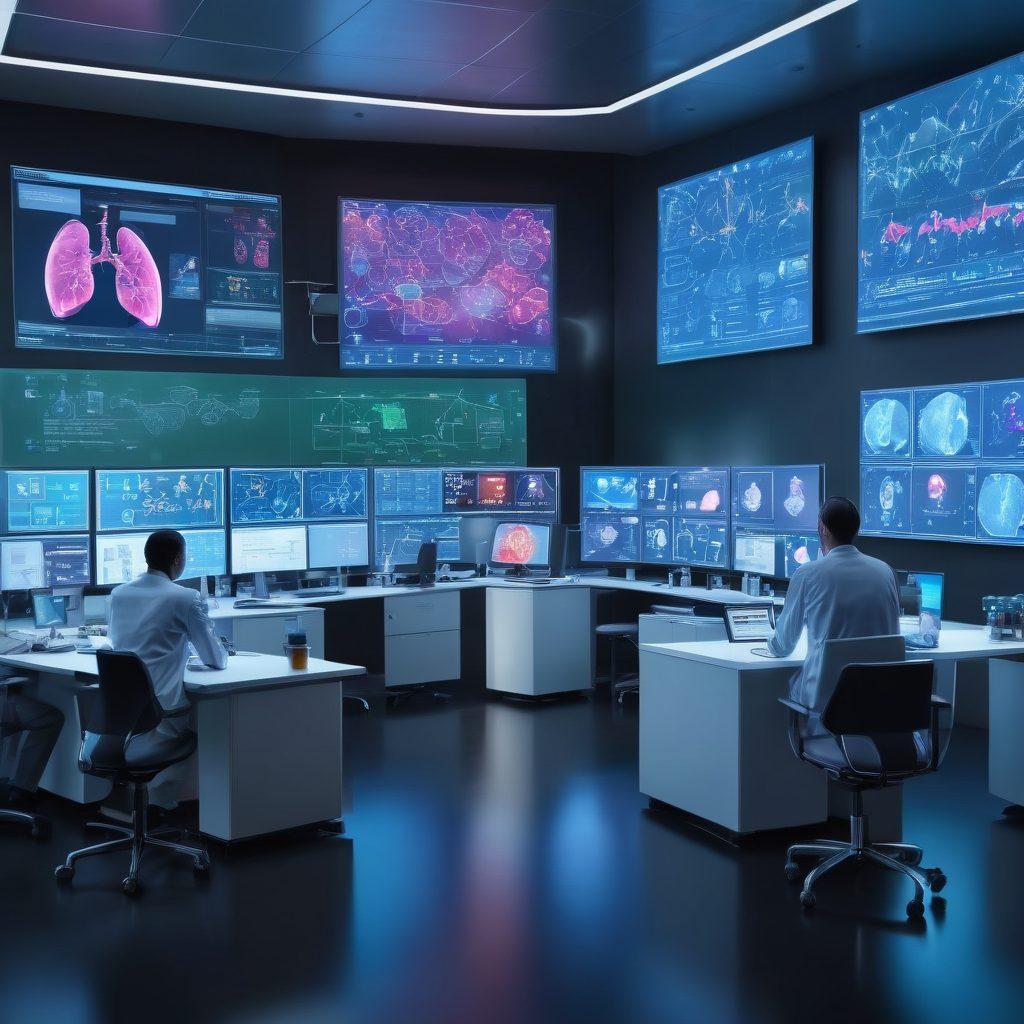 A dynamic healthcare scene featuring a diverse group of scientists and doctors discussing groundbreaking treatment plans in a high-tech lab. In the foreground, display advanced medical devices and screens showcasing data on clinical trials. The background should include vibrant charts and images of cells, symbolizing innovation in cancer research. Bright, inspirational lighting to create a feeling of hope and progress. super-realistic. vibrant colors. 3D.